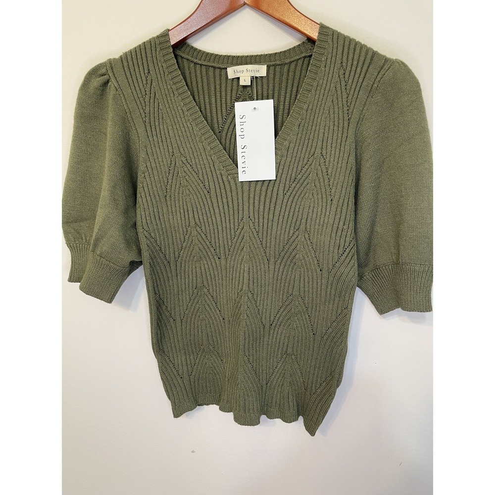 Shop Stevie Sweater Geometric Ribbed Olive Short Puffed Sleeve Feminine L‎